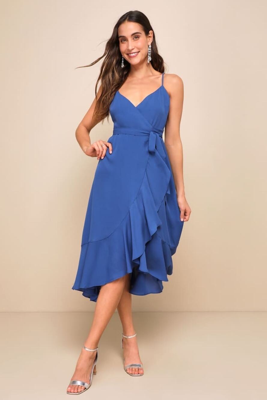 NWT Lulus Manhattan Moment Blue Ruffled Midi Wrap Dress Gala Banquet Size XS